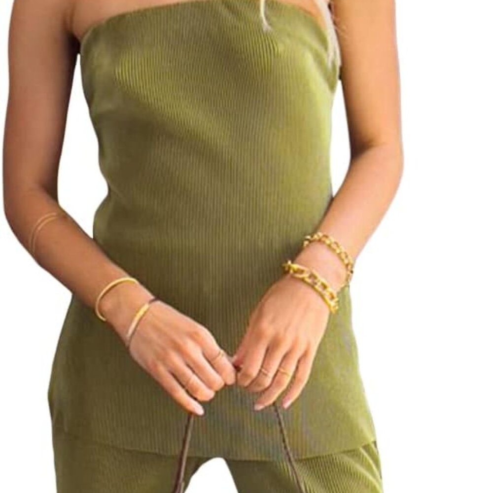 Olive green 2 Piece Pants Set with Strapless Tank